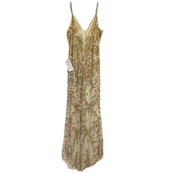 Mac Duggal Gold Beaded Embellished Leaf Evening Gown - Picture 6 of 15